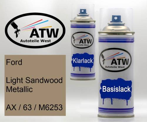 Ford, Light Sandwood Metallic, AX / 63 / M6253: 400ml Sprühdose + 400ml Klarlack - Set, von ATW Autoteile West.